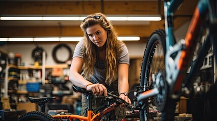 Young woman working fixing at a bike workshop. Women in industry, young women hand blue collar - obrazy, fototapety, plakaty