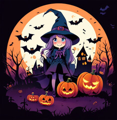 Cute Halloween scene with ghost witch candy beautiful cartoon style, Halloween background with pumpkins and Full Moon, Halloween background with Evil Bat Pumpkin. Spooky scary dark Night forest.