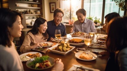 Big asian family dinner table , eating together,christmas and thanksgiving concept.New year chinese - obrazy, fototapety, plakaty