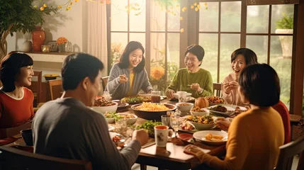 Tuinposter Big asian family dinner table , eating together,christmas and thanksgiving concept.New year chinese © Banana Images