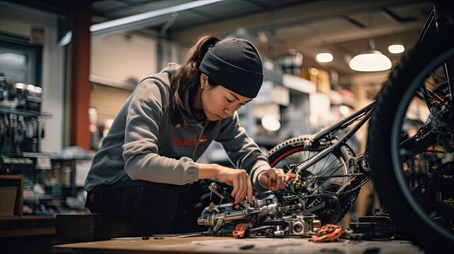 Young woman working fixing at a bike workshop. Women in industry, young women hand blue collar