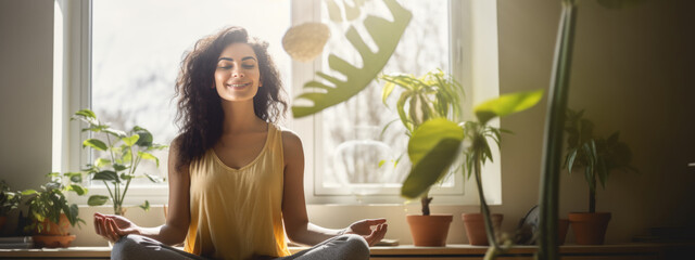 Young woman practicing lotus asana at home while meditating and smiling - obrazy, fototapety, plakaty