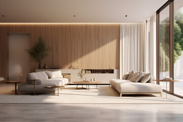 Fototapeta premium Rustic live edge table near beige sofa in spacious room. Scandinavian interior design of modern living room. Modern minimalist decor, Minimalism