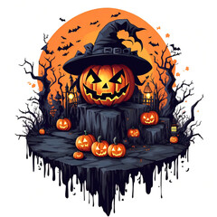 Halloween background with pumpkins and Full Moon, Halloween background with Evil Bat Pumpkin. Spooky scary dark Night forrest. Holiday event halloween banner white background Tshirt design concept