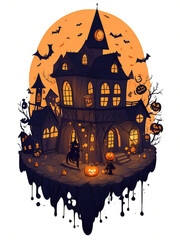 Halloween background with pumpkins and hunted castle Halloween background with Evil Bat Pumpkin. Spooky scary dark Night forrest. Holiday event Halloween moon white background Tshirt design concept