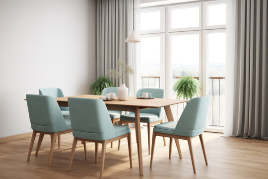 Teal blue color fabric chairs at wooden Nordic style dining room. Scandinavian, mid-century home interior design of modern dining room
