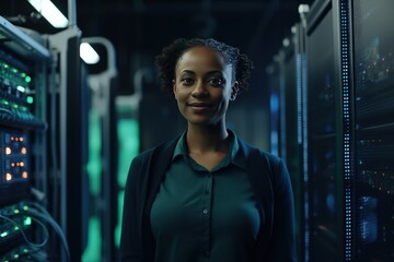 A young African American woman in a server room. Collection and storage of large amounts of data. Checks the operation of servers and automation.