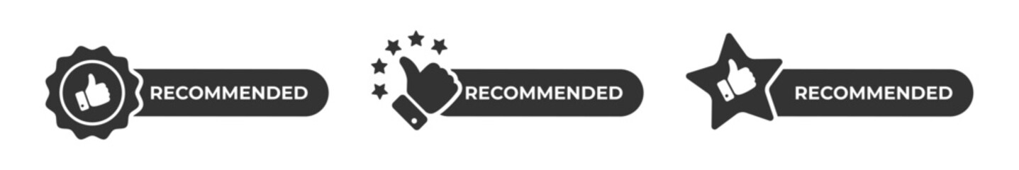 Recommended icon with thumb up. Recommended sticker label. Recommendation tag. Vector illustration.