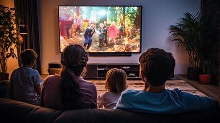 Happy family watching tv together and having fun, night together concept - obrazy, fototapety, plakaty