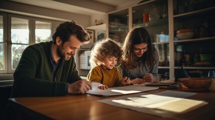 Asian parents helping kid with the homework, happy family concept. Young mother and father. - obrazy, fototapety, plakaty