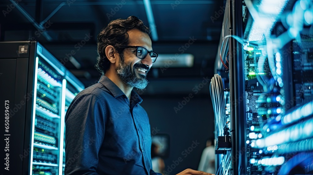 Poster indian man working data center, fixing the servers and checking the updates.