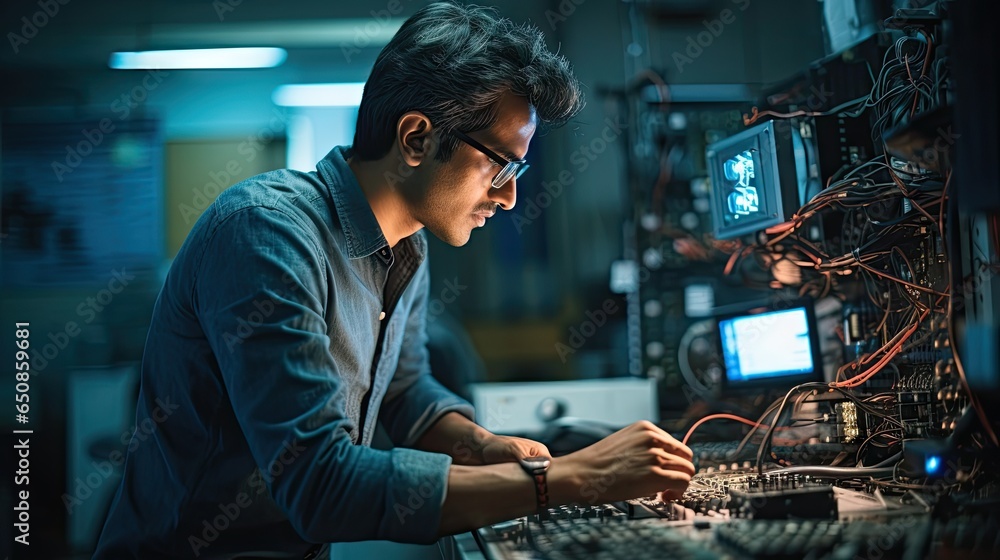 Poster indian man working data center, fixing the servers and checking the updates.