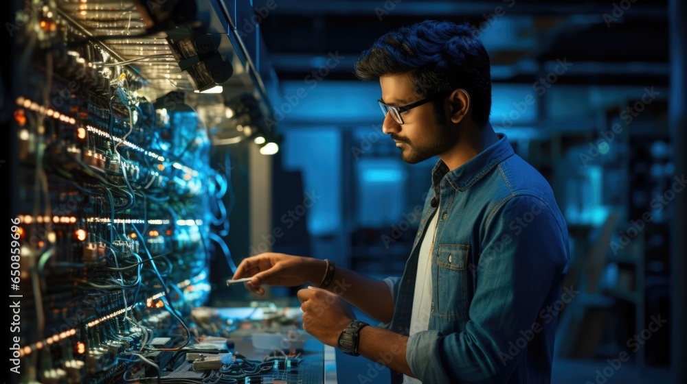 Poster indian man working data center, fixing the servers and checking the updates.
