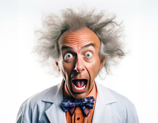 A character portrait of a mad scientist with wild hair and a lab coat, caught in a moment of surprise and alarm. The image humorously captures the essence of this iconic, quirky persona. - obrazy, fototapety, plakaty