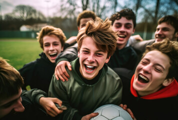 A high school soccer team of teenage boys revels in the excitement of their recent victory. Gathered on the field, their faces glowing, they personify the essence of friendship and teamwork in sports. - obrazy, fototapety, plakaty