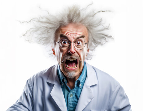 A character portrait of a mad scientist with wild hair and a lab coat, caught in a moment of surprise and alarm. The image humorously captures the essence of this iconic, quirky persona.