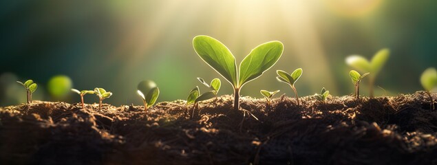 reforestation theme concept, a new seedling tree sprout is growth in soil, Generative Ai	
