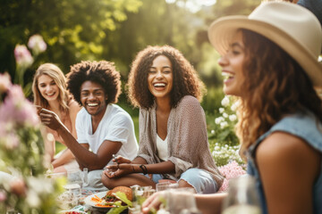 Group of friends enjoying a picnic in a sunny park