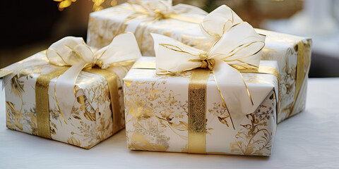 gold and white gift box with bow.