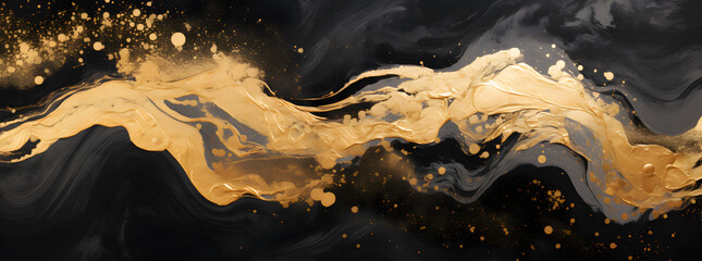 black and gold swirl swirl abstract painting wallpaper, in the style of poured paint, aerial view, fluid and loose