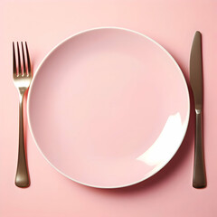 Pink ceramic plate with fork and knife lying next to on pink background. High resolution