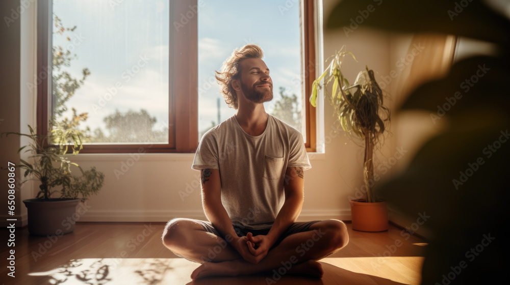 Sticker Relaxed man practicing lotus pose in yoga, meditating and smiling