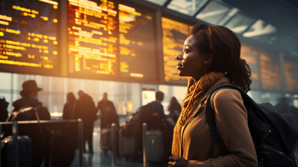 A close up side profile of a black woman with an afro standing in an airport and carrying a backpack, flight schedule screens in the background, travel, flights, black model