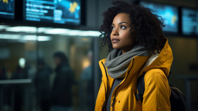 A close up of a black woman with an afro standing in an airport and carrying a backpack, flight schedule screens in the background, travel, flights, black model