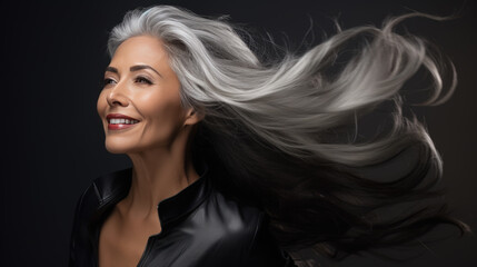 Fototapeta premium Portrait of senior mature middle aged lady with long gray natural coloring vibrant silky hair.