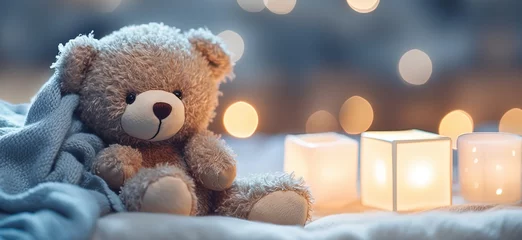 Foto op Plexiglas cute stuffed animal toy teddy bear sitting on cozy bed, Generative Ai  © QuietWord