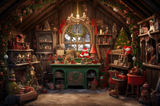 Santa's workshop, complete with elves, toys, and a sleigh ready for Christmas Eve