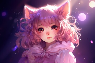 anime style illustration of cute cat girl in glow light, Generative Ai