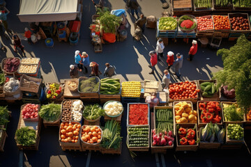 Farmers' market with stalls filled with fresh fruits, vegetables, and artisanal products - obrazy, fototapety, plakaty