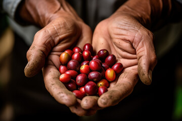 Mano de campesino mostrando el fruto de la planta del café