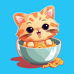Cute cat eating ramen noodle cartoon vector illustration. animal food concept isolated vector. 