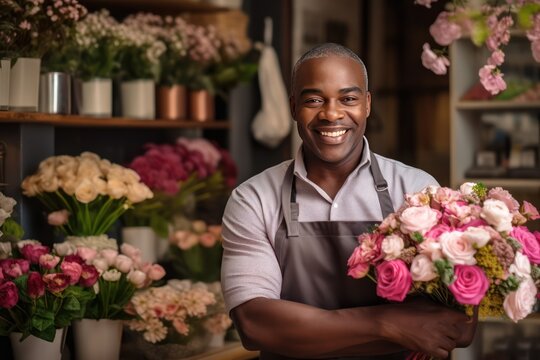 Smiling Black Man Standing In His Flower Shop. Middle Aged Salesman Is Waiting For Customers Of The Flower Shop. He Standing At The Entrance And Smiley Looking At Camera.