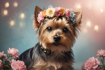 Yorkshire Terrier dog with flower crown on head. ai generative