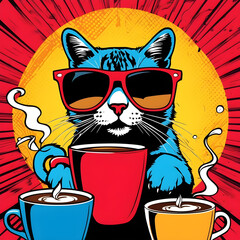 Funny Cat breakfast Coffee. Generative AI. Coffee Animal Pop Art13