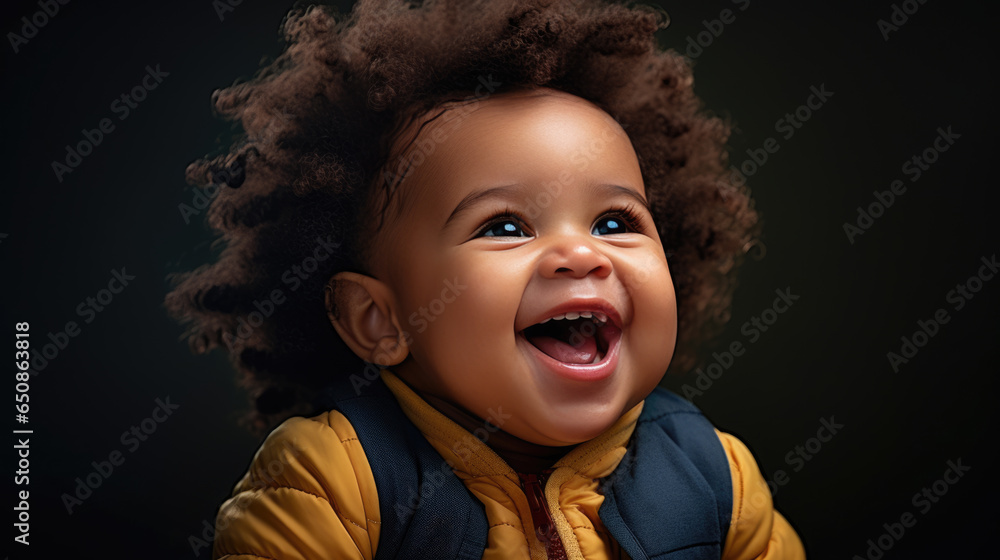 Wall mural Small child laughing on a dark background