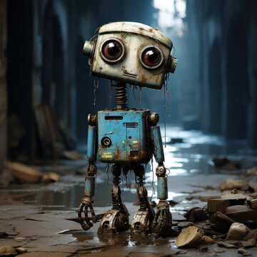 A cute little robot stands in the middle of the canyon. The world of the future, Generative AI