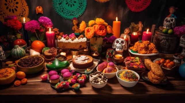 Table with food decorated for mexican day of the dead