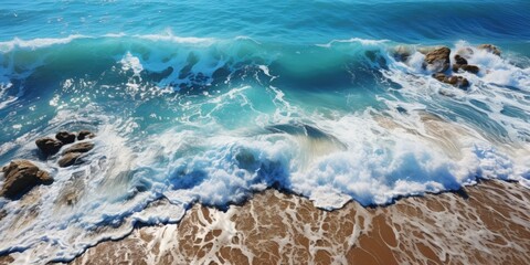 Beautiful seascape with blue ocean waves and sandy beach. Aerial view.