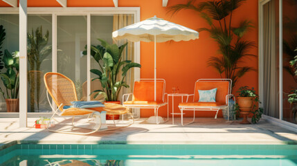 a house interior with pool and pool chair and umbrella and orenge juice glass with straw - obrazy, fototapety, plakaty