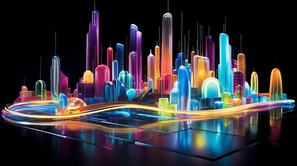 A vibrant and futuristic cityscape illuminated by neon lights