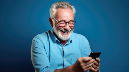 An elderly man smiling and laughing with his phone against a colored background.