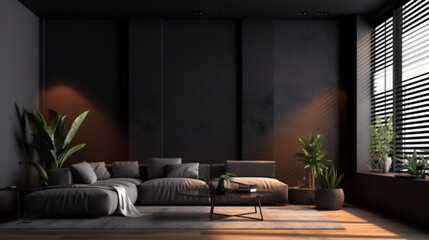 living room interior in black theme with sun light through window with black wall