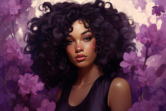 painting style illustration of pretty African woman in purple flower garden, calm peaceful atmosphere, Generative Ai