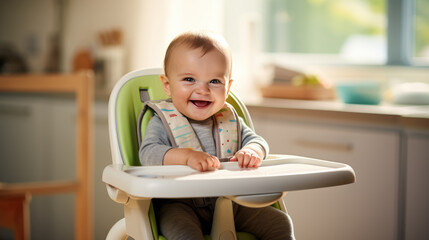 Baby sitting in high chair and waiting for food