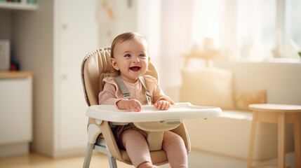 Baby sitting in high chair and waiting for food