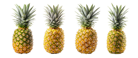 A collection of assorted whole pineapples on a white or transparent background. PNG. The pineapples are yellow and spiky, and the leaves are green and spiky. 